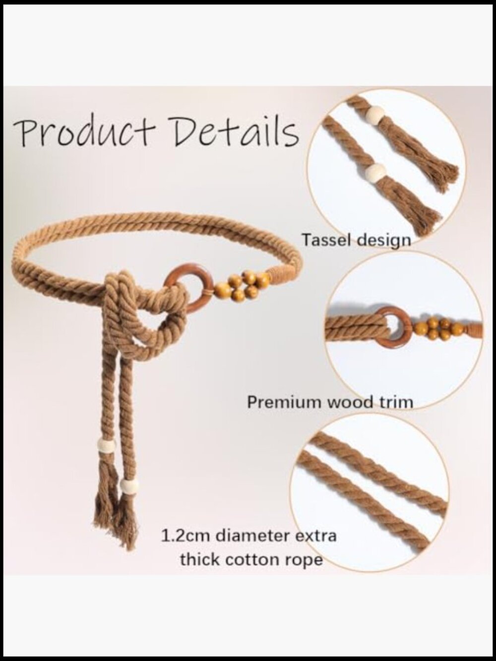 Cotton Bohemian Woven Belt with Tassel Bead Ring Adjustable Waist Wrap - Picture 5 of 6